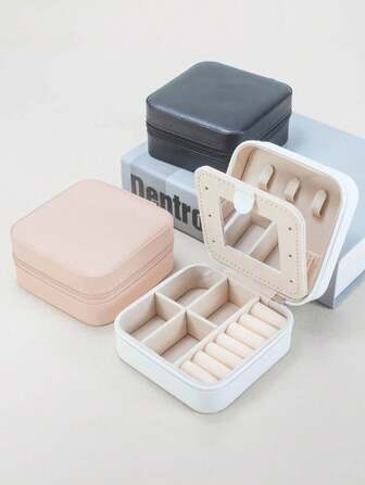 1 件带镜子的珠宝盒、珠宝收纳盒、化妆品收纳便携式多色简约经典拉链方形珠宝配饰收纳盒包装盒容器、创意便携式耳环、戒指和手镯收纳盒、时尚个性化皮革珠宝收纳盒、极简休闲纯色 PU 皮革多功能便携式轻便化妆包、拉链化妆包，适合青少年女性和大学生，可收纳项链耳环戒指户外旅行假日手镯，送给女性妈妈、女友、周年纪念的完美礼物，母亲节和情人节送给妈妈的精致难忘的节日礼物，万圣节礼物夏季旅行、度假家居浴室装饰化妆品收纳盒浴室配件返校