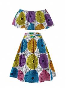 Conjunto de dos piezas africano con top corto de un hombro y falda - Multicolor - Ver 2