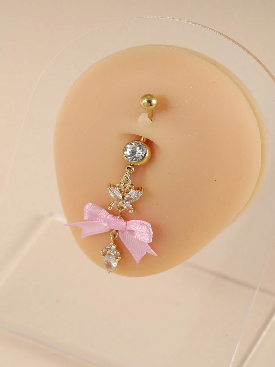 1 thanh thép không gỉ có đính pha lê Rhinestone màu hồng hình giọt nước trang sức xỏ rốn, trang sức đeo hàng ngày cho cả nam và nữ, ngày lễ tình nhân, mẹ, mẹ, ngày của mẹ, quà tặng - Loại bướm - Xem 1