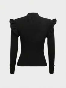 Autumn/Winter New Fashion Frill Trim Turtleneck Long Sleeve Knit Sweater - Black - View 3
