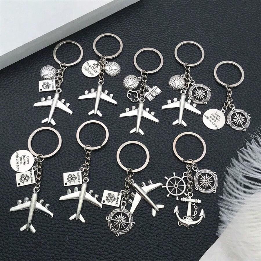 2 piezas Juego de llaveros de aleación de avión de viaje, con Tierra, avión, brújula, timón de ancla, llaveros de aleación de cámara, adecuado para regalo y accesorio - Multicolor - Ver 1