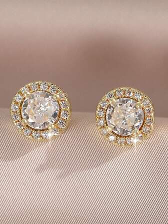 1 Pair Round Cubic Zirconia Decor Stud Earrings For Women Wedding Dresses Dating Gift