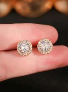 1 对圆形方晶锆石装饰耳钉 适合女士婚纱约会礼物 - 金色 - 查看 5