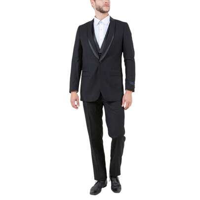 Men's 3pc Black/Black  Peak Lapel With Satin Trim Solid Slim Fit Tuxedo