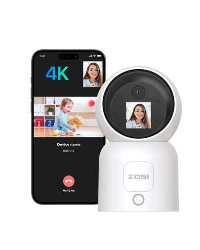  Câmara interior ZOSI 4K WiFi sem fios com ecrã, câmara 2.4G/5G com panorâmica/inclinação de 360°, chamada com um clique, deteção humana e seguimento automático, armazenamento na nuvem, C519M8W