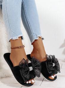 Women's Rhinestone Decoration Bow Decoration Slippers,Ladies Memory Foam House Shoes,Black Flat Sandals,Open Toe Plush Fluffy Furry Home Shoes, Bridal Bridesmaid Slipper Gifts For Wedding