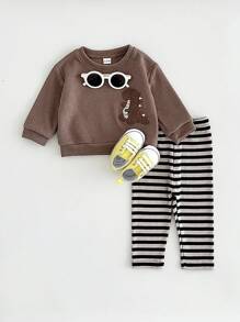 2 件套男婴恐龙刺绣长袖上衣和条纹弹力裤，春秋季