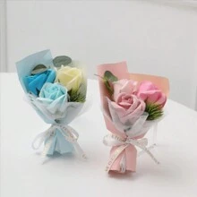 1 ramo de flores artificiales contiene 3 rosas falsas, Gypsophila artificial Flor de bebé, papel de envolver flores, Flores de jabón inmortales de 20cmx13cm, adecuado para regalos de cumpleaños o aniversario para mamá, mejores amigas, amigos, regalos del Día de la Madre, San Valentín, recuerdos de boda y decoración de mesa para fiestas en el hogar - Multicolor - Ver 2