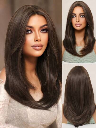 逼真自然棕色长直发分层假发 20 英寸假发咖啡棕色中心分叉刘海女士日常派对假发高品质自然发质优雅简约耐热假发