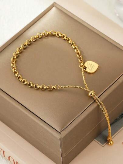 VceTd 1pc Minimalistic 18K Gold Plated Stainless Steel Adjustable Chain Bracelet With Asymmetrical Chain Design And Heart Pendant, Suitable For Women's Party Or Daily Outfit, Also As Gift Valentines,Mom,Mother,Mother's Day,Gift