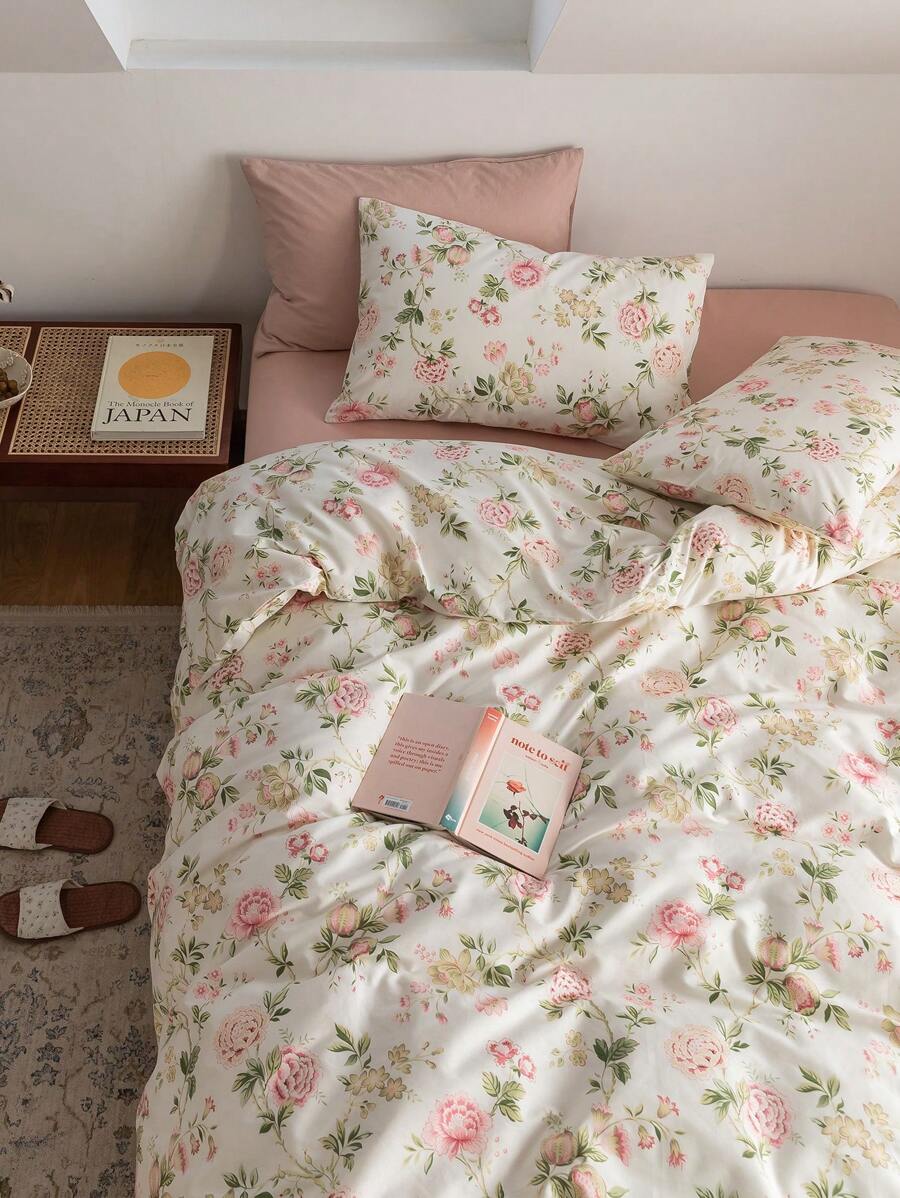 3pcs Delicate Pink Rose Ditsy Floral Bedding Set - 2 Pillowcases + 1 Duvet Cover - Multicolor - View 1