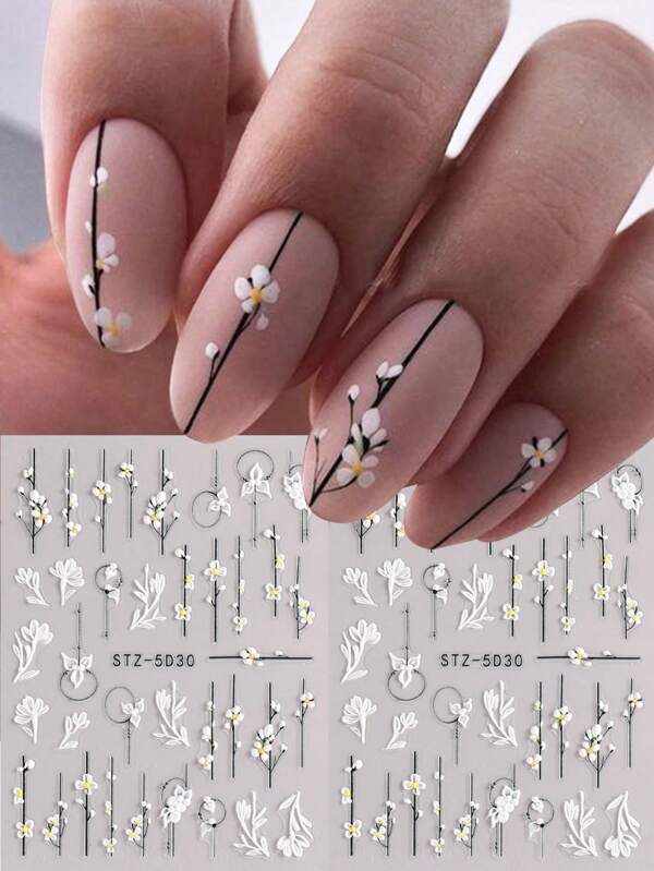 Harunouta Simple Flowers 3D Nail Stickers Small White Hollow Hibiscus Flower Gel Polish Decal Slider DIY Manicure Decoration Accessories