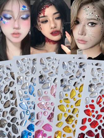 1 套 5 件多种颜色闪亮宝石贴纸疤痕化妆创意冰块 Y2K 风格节日万圣节音乐节 DIY 眼睛脸部珠宝贴纸酷妆角色扮演活动假纹身