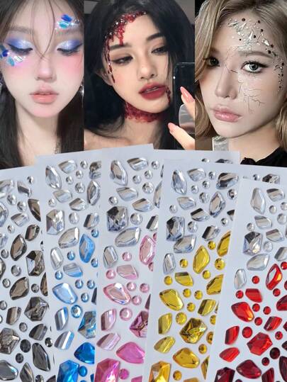 1 套 5 件多种颜色闪亮宝石贴纸疤痕化妆创意冰块 Y2K 风格节日万圣节音乐节 DIY 眼睛脸部珠宝贴纸酷妆角色扮演活动假纹身