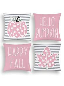 4 pièces/1 pièce Housse de coussin décorative de thanksgiving avec imprimé de citrouille à pois rose, feuille d'érable et rayure de lettre anglaise, couvre-coussin de décoration de thanksgiving