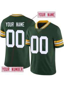 Camiseta de fútbol americano personalizada con bordado de nombre y número en estilo de novio, cuello en V verde de Green Bay, manga corta, para fiesta, juego, entrenamiento, competición, deporte. Tallas S-XXL. Estilos: elegante, hipster, minimalista, personalizado, único. Disfraz ideal de jugador de fútbol para él, novio, familia, amigos, niños para cumpleaños, colegio/competición, deportes