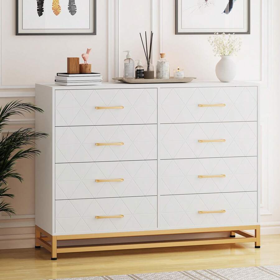 8 Drawer Dresser For Bedroom, Wood Dresser Tv Stand, Modern Chest Of Drawers, Storage Organization Unit For Closet, Living Room, Hallway - White - View 1