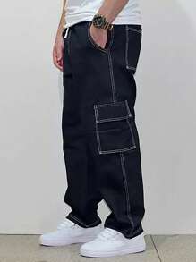 Men's Cargo Pants Twill And Skater Jeans Wide Model With Unisex Side Pocket - Đen và trắng - Xem 1