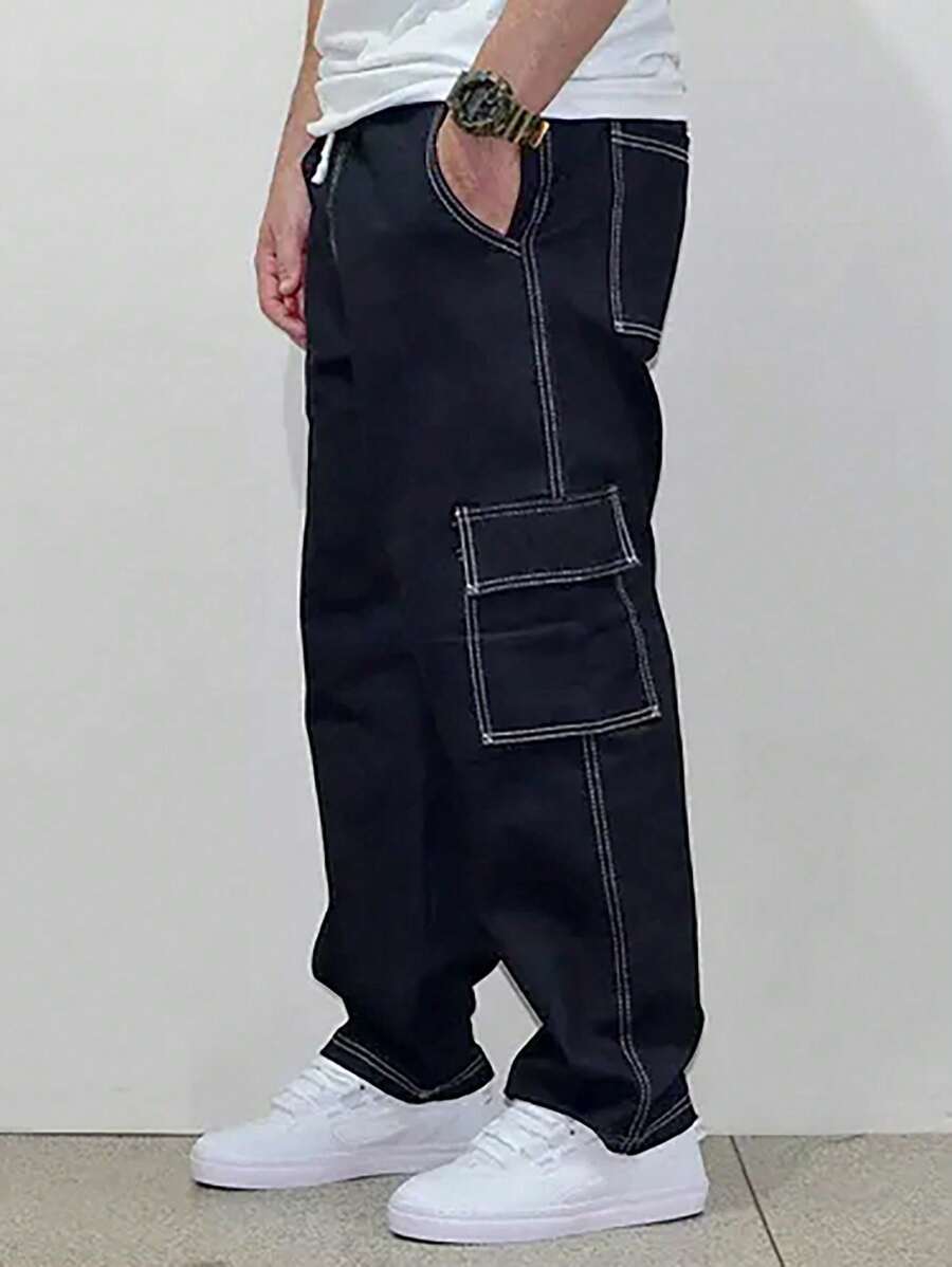 Men's Cargo Pants Twill And Skater Jeans Wide Model With Unisex Side Pocket - Đen và trắng - Xem 1