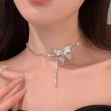1pc Elegant Statement Shiny Butterfly Pendant Necklace Premium Clavicle Chain Choker For Women Chain Crystal Necklace Party Jewelry
