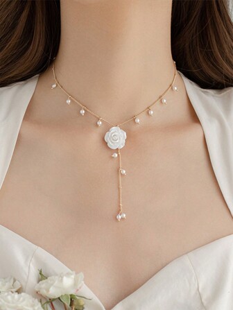 1pc Korean Elegant Rose Flower Tassel Necklace, Luxury Niche Style, Pearl Pendant For Women Valentines,Mom,Mother,Mother's Day,Gift