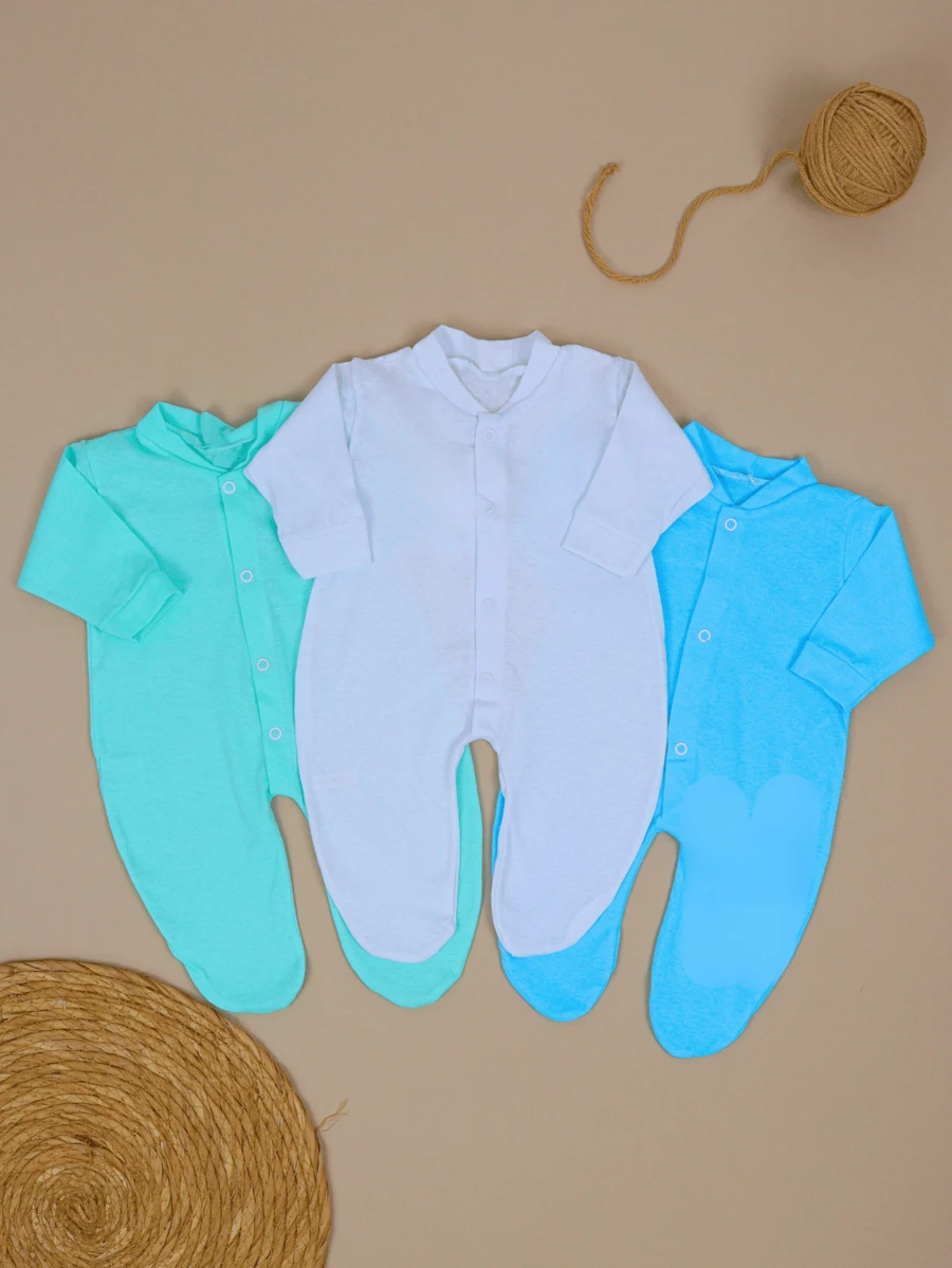 3 Pieces Newborn Plain Baby Romper Closed Foot Layette 0 To 9 Months - 淺藍色 - 查看 1