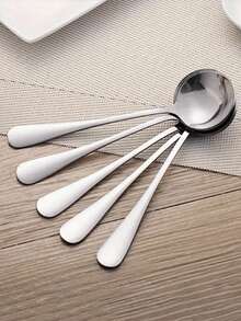 5 piezas Cucharas soperas redondas de acero inoxidable, cucharas para comer, cuenco profundo, diseño lindo, uso doméstico - Plateado - Ver 1