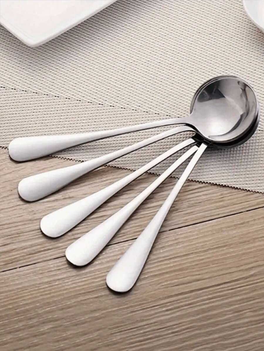 5 piezas Cucharas soperas redondas de acero inoxidable, cucharas para comer, cuenco profundo, diseño lindo, uso doméstico - Plateado - Ver 1