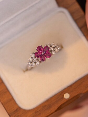 1 件复古优雅 925 银方晶锆石花朵设计戒指，适合女性，适合日常佩戴、派对、节日、礼物