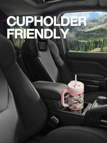 Vaso térmico de 40 Oz/1.2L con estampado de camuflaje y asa, tapa con pajita y boquilla de 2 en 1, a prueba de fugas, apto para lavavajillas, taza de viaje de acero inoxidable aislada, mantiene frío durante 34 horas, cabe en el portavasos del coche (Salpicado de rosa)