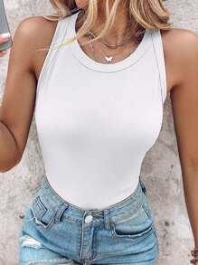 ChicMe Women Ribbed O-Neck Knit Sleeveless Cami Top Basic Slim Fit Tummy Control Tank Casual Top