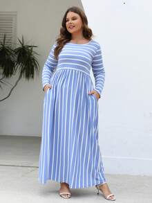 Nemidor Plus Size Casual Striped Dress, Spring And Autumn - Blue and White - View 1