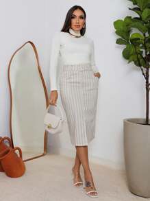 Midi Skirt With Belt And Pockets With Slit In Striped Linen Evangelical Fashion - 米色 - 查看 4