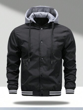 Men's Detachable Hooded Baseball Jacket, Simple And Fashionable