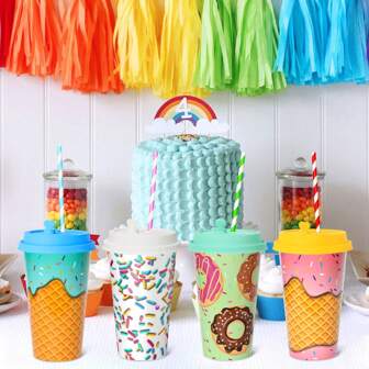 4pcs/Set 16oz Plastic Ice Cream Cup With Lids & Stopper, Ice Cream Sundae Cups For Birthday Party Supplies (Without Straw)
