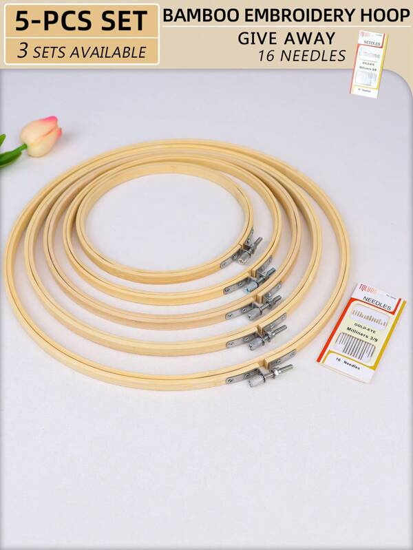 5pcs/Set Natural  Bamboo Punch Needle, Embroidery Hoop, Cross Stitch Frame Kit, Versatile DIY Handcraft For Phone Charm, Bag Decoration, Hair Accessory, Desk Display, Car Pendant, Includes 16pcs Needles, 3 Packages Available