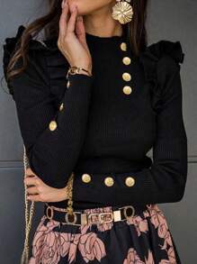 Autumn/Winter New Fashion Frill Trim Turtleneck Long Sleeve Knit Sweater - Black - View 6