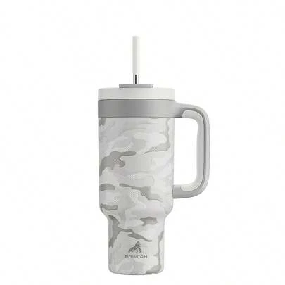 Cốc giữ nhiệt 40oz/1.2L họa tiết rằn ri có tay cầm, nắp kiêm ống hút 2 trong 1, cốc cà phê du lịch bằng thép không gỉ chống rò rỉ, giữ nóng đến 34 giờ, vừa với giá đỡ cốc trên ô tô (Màu trắng mây)