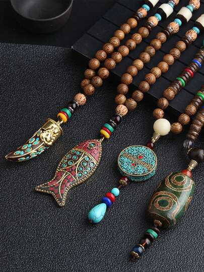 1 件复古木珠项链带吊坠