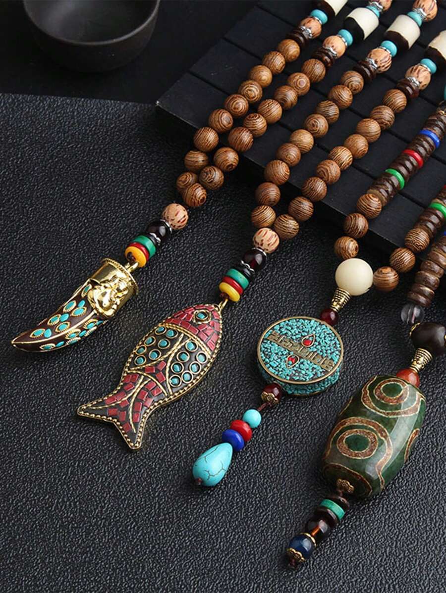 1pc Retro  Wooden Bead Necklace With Pendant - Necklace - View 1