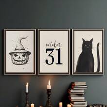 Halloween Set Of 3 Prints, Halloween Poster, Spooky Wall Art, Cat Print, Pumpkin Poster, Halloween Gallery, Wall Decor For Living Room, Bed Room Home Decor Halloween Decor Room Decor - Multicolor - View 1