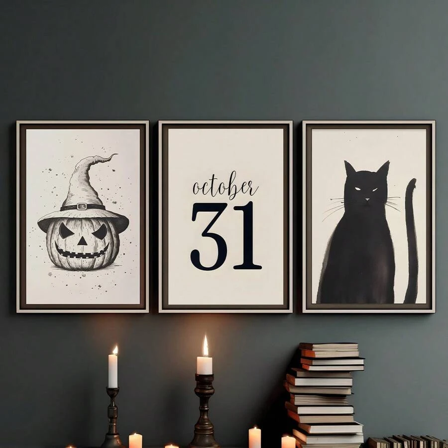 Halloween Set Of 3 Prints, Halloween Poster, Spooky Wall Art, Cat Print, Pumpkin Poster, Halloween Gallery, Wall Decor For Living Room, Bed Room Home Decor Halloween Decor Room Decor - Multicolor - View 1