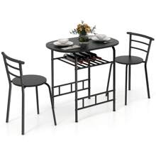 3-Piece Dining Table Set, Kitchen Table And Chairs With Wood Grain Tabletop & Extra Wine Rack, Solid Metal Frame, Space-Saving Furniture Set For Breakfast Nooks, Apartments, Black - Black - View 1