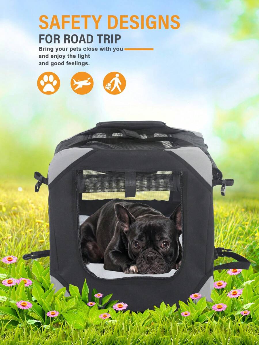 3-Door Portable Folding Soft Dog Crate Dog Kennel Lightweight Foldable Travel Dog Crate With Mesh Windows For Indoor Outdoor Travel - 黑色 - 查看 1