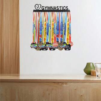 1pc moderne metalen wandgemonteerde gymnastiekmedaillehouder met 20 haken, geeft tot 60 medailles weer, sportthema kunstdecor, geschikt voor thuiskantoor aan de muur, gebruik binnenshuis, ideaal voor Kerstmis, Thanksgiving, Vaderdag, afstudeerceremonie