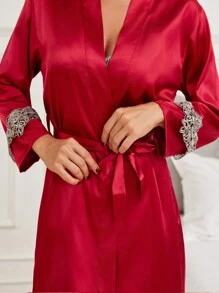 2 件套女士蕾丝边性感吊带睡衣和浴袍睡衣套装 - 酒紅色 - 查看 8