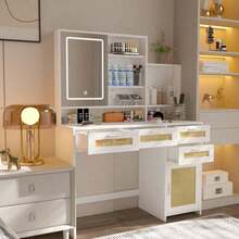 Makeup Vanity With Lights In 3 Colors & Openable Mirror, Vanity Desk With 4 Drawers & 1 Cabinets & Shelves, Vanity Table Rattan Vanity Dresser, For Bedroom.Mo-Autos