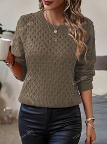 Knit Mix Women's Knitted Casual Commuter Sweater With Diamond Pattern, Crew Neck Long Sleeve Loose Fit Top For Autumn & Winter Back To School Fall Women Clothes Autumn