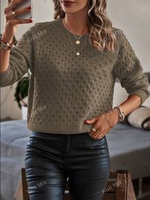 Knit Mix Women's Knitted Casual Commuter Sweater With Diamond Pattern, Crew Neck Long Sleeve Loose Fit Top For Autumn & Winter Back To School Fall Women Clothes Autumn