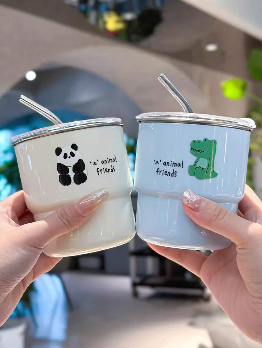 304 不锈钢熊猫图案吸管杯，真空隔热旅行杯运动水壶，户外水壶